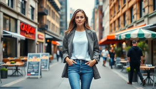 Młoda kobieta w szarej kurtce i jeansach spaceruje ulicą z kawiarniami i restauracjami w tle