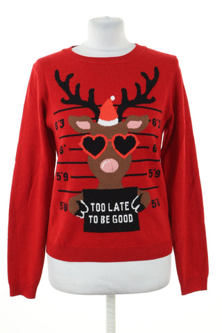 Czerwony sweter świąteczny z reniferem w okularach serca i napisem Too Late To Be Good