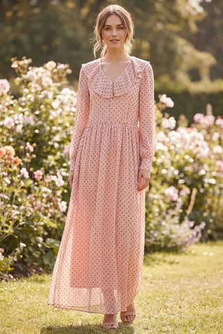 Rozowa Sukienka Maxi w Kropki z Szerokim Kolnierzem
