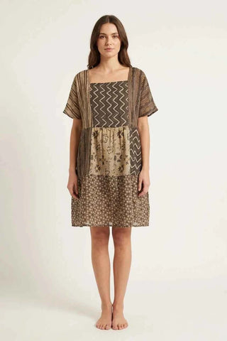 Damska Sukienka Patchwork w Brazowych Odcieniach