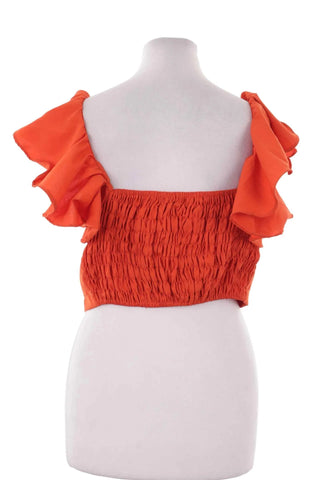 Pomarańczowy Crop Top z Falbankami i Guzikami