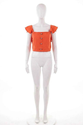 Pomarańczowy Crop Top z Falbankami i Guzikami