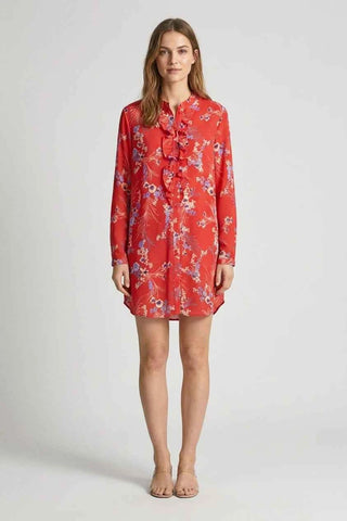 Damska Czerwona Sukienka w Kwiaty z Falbanami