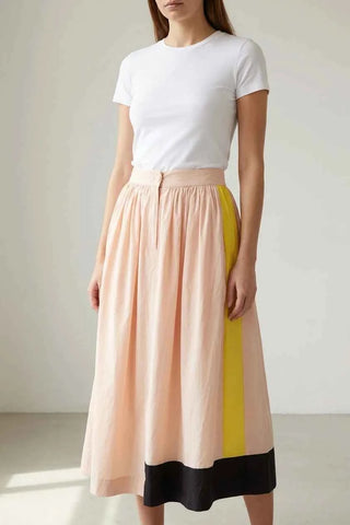 Brzoskwiniowa Spódnica Midi z Kontrastowym Panelem