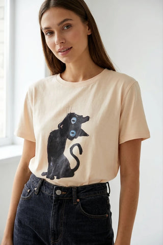 Beżowy T-shirt Damski z Nadrukiem Czarnego Kota