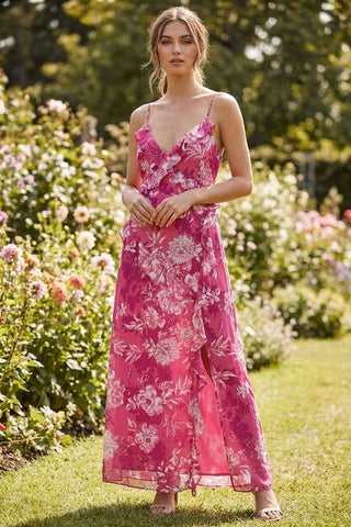 Rozowa Sukienka Maxi w Kwiaty z Falbanami