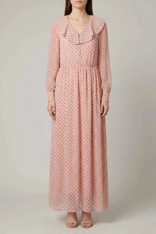 Rozowa Sukienka Maxi w Kropki z Szerokim Kolnierzem