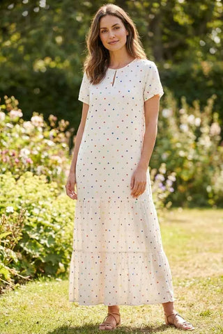 Biala Sukienka Maxi w Kolorowe Kropki