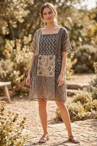 Damska Sukienka Patchwork w Brazowych Odcieniach