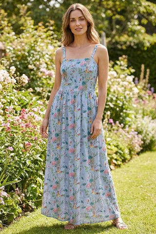 Niebieska Letnia Sukienka Maxi w Kwiaty