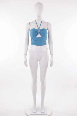 Niebieski Prążkowany Top Halter z Wiązaniem