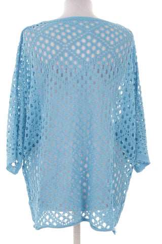 Niebieski Ażurowy Sweter Damski z Dekoltem V