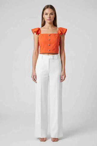 Pomarańczowy Crop Top z Falbankami i Guzikami
