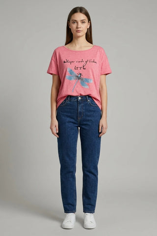 Różowy T-shirt Damski z Grafiką Ważki