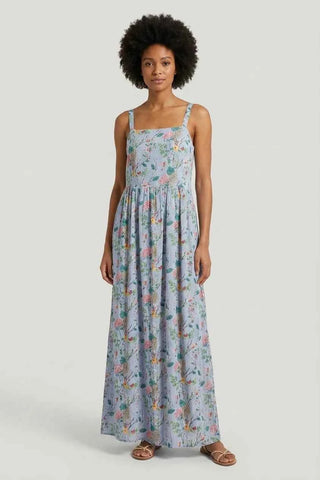 Niebieska Letnia Sukienka Maxi w Kwiaty