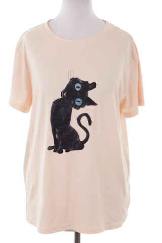 Beżowy T-shirt Damski z Nadrukiem Czarnego Kota