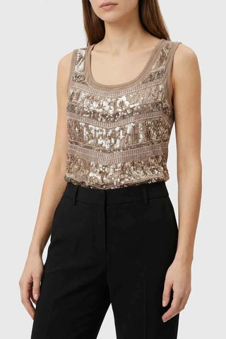 Elegancki Beżowy Top Damski z Cekinami