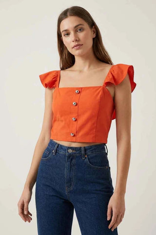 Pomarańczowy Crop Top z Falbankami i Guzikami