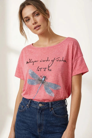 Różowy T-shirt Damski z Grafiką Ważki